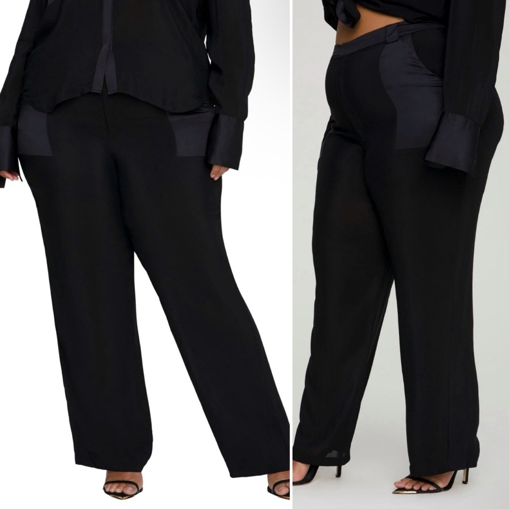 Good American Semi Sheer Trousers 4 XL black lightweight pants satin pockets